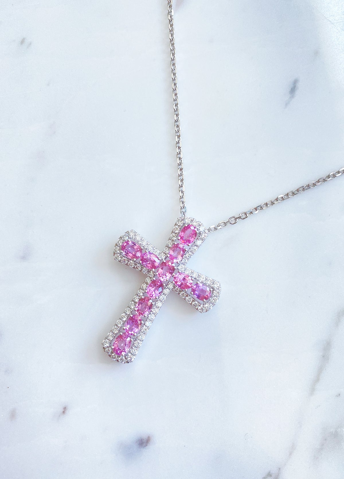 Oval Pink Sapphire & Diamond Cross Pendant in 18K White Gold #398