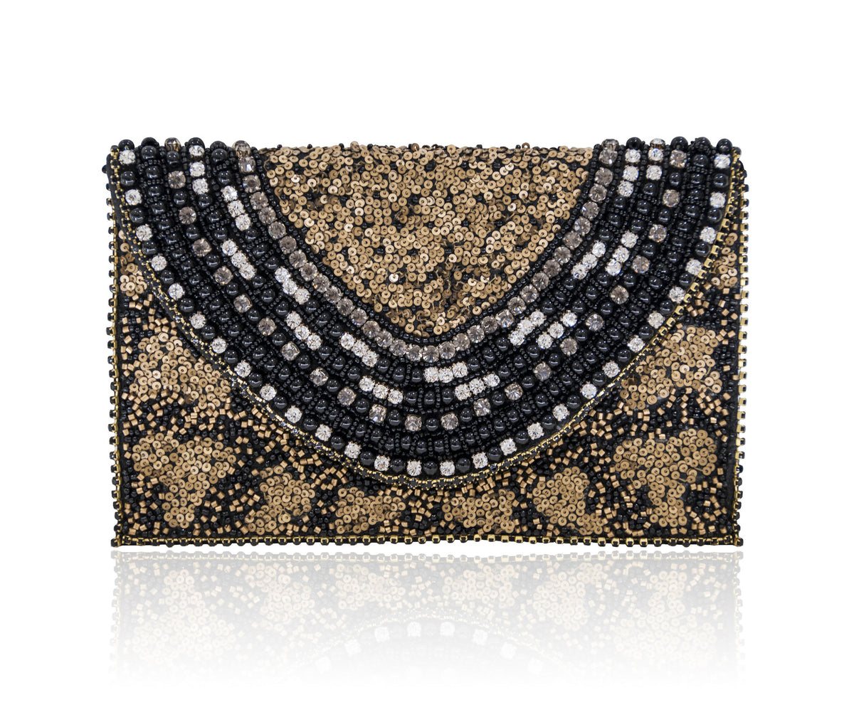 Hand Embroidered Envelope Clutch Black Gold #22
