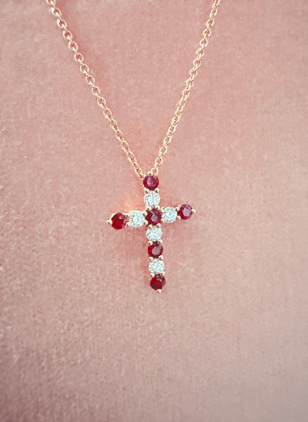 Natural Burmese Ruby & Diamond Cross Pendant in 18K Rose Gold #402