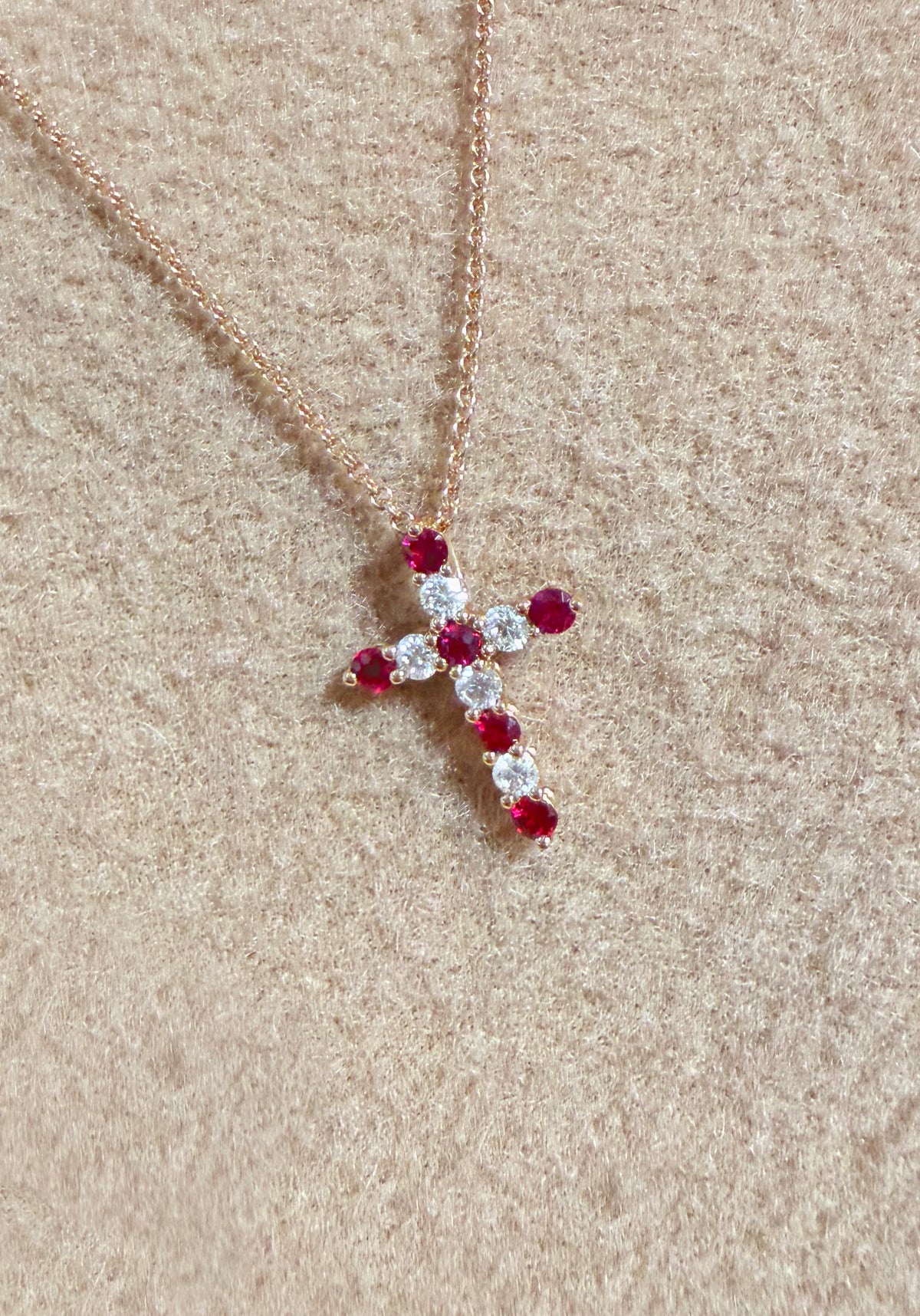 Natural Burmese Ruby & Diamond Cross Pendant in 18K Rose Gold #402