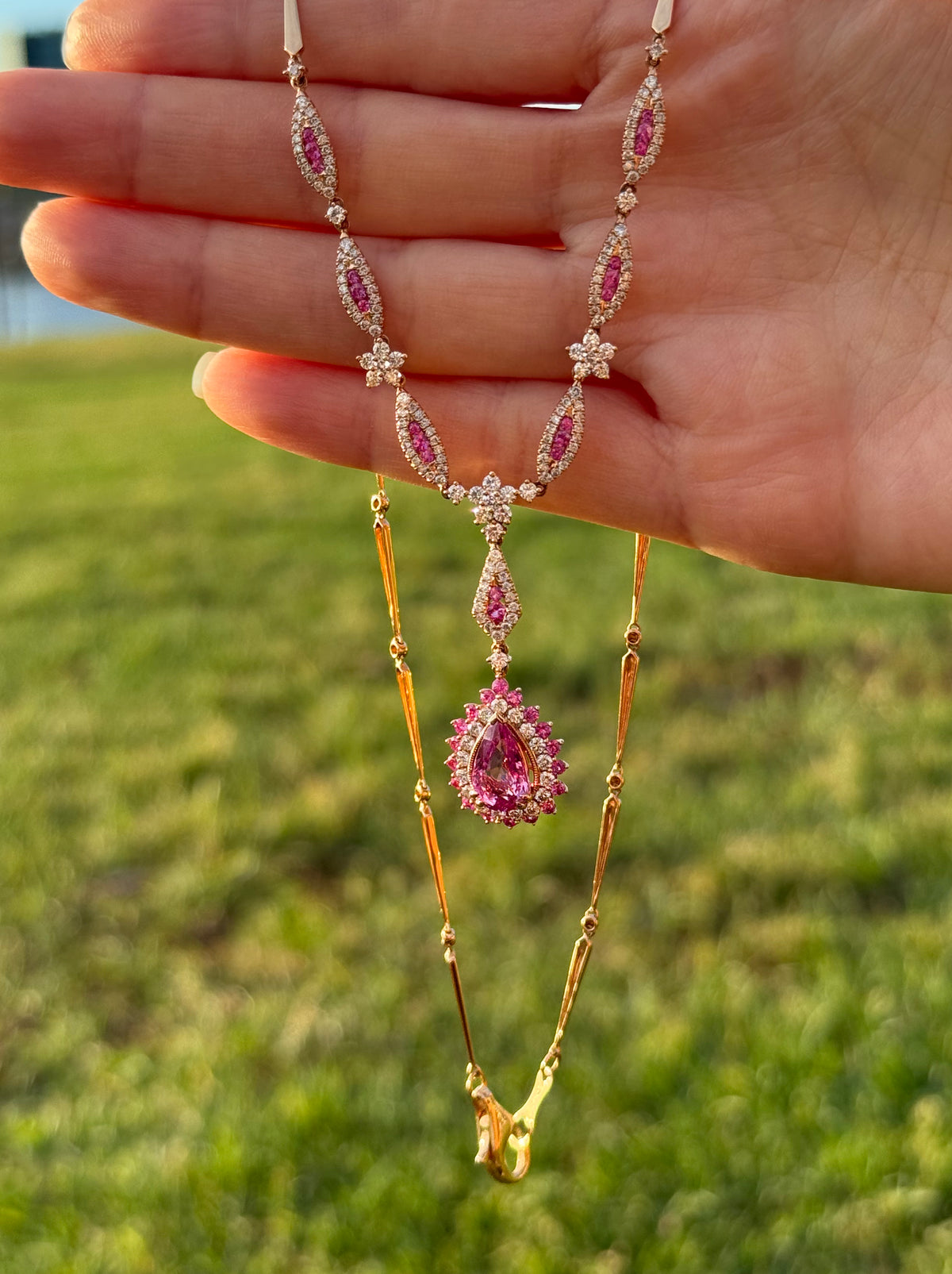 Natural Pink Sapphire Diamond Necklace in 18K Rose Gold #302