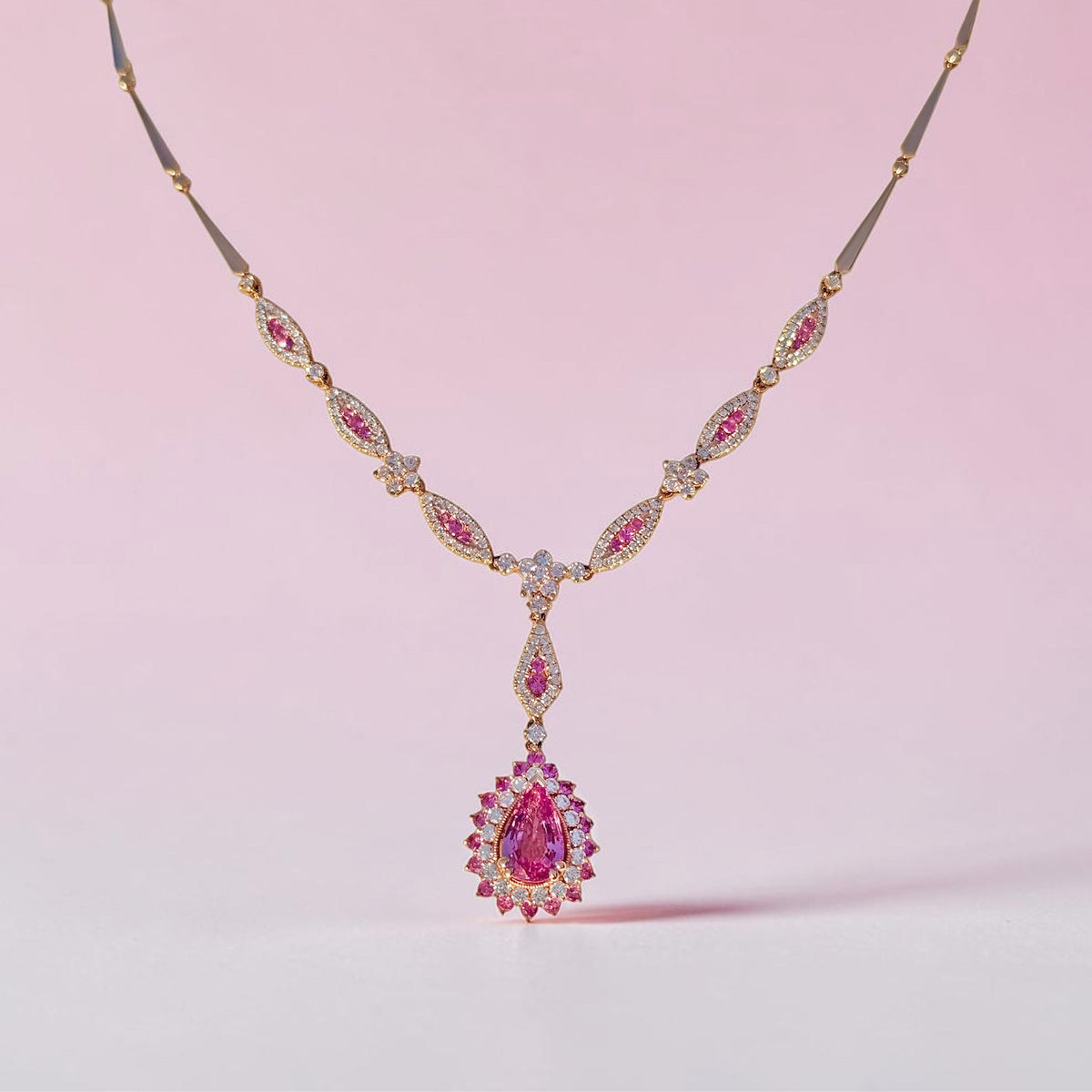 Natural Pink Sapphire Diamond Necklace in 18K Rose Gold #302