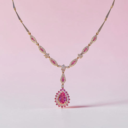 Natural Pink Sapphire Diamond Necklace in 18K Rose Gold #302