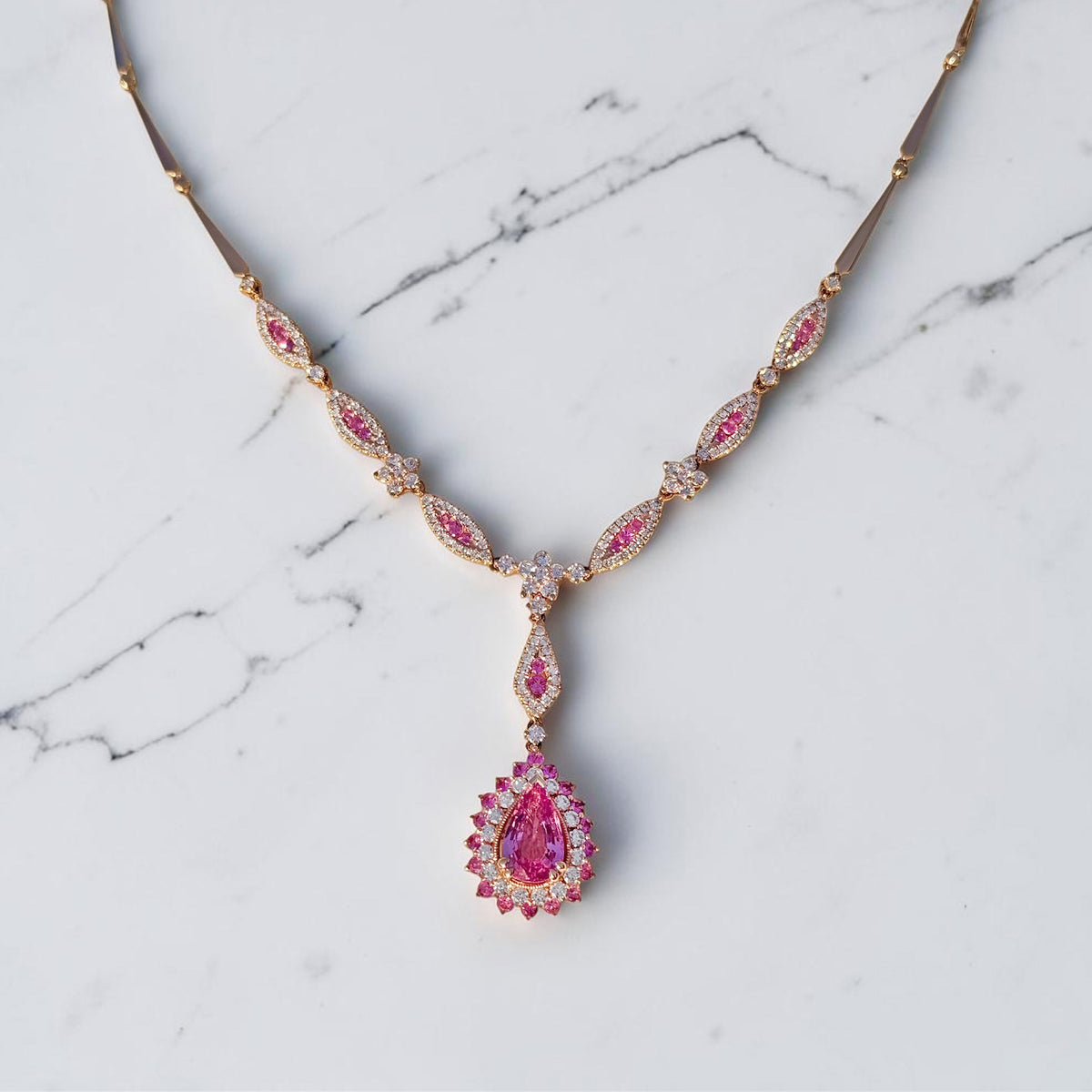 Natural Pink Sapphire Diamond Necklace in 18K Rose Gold #302