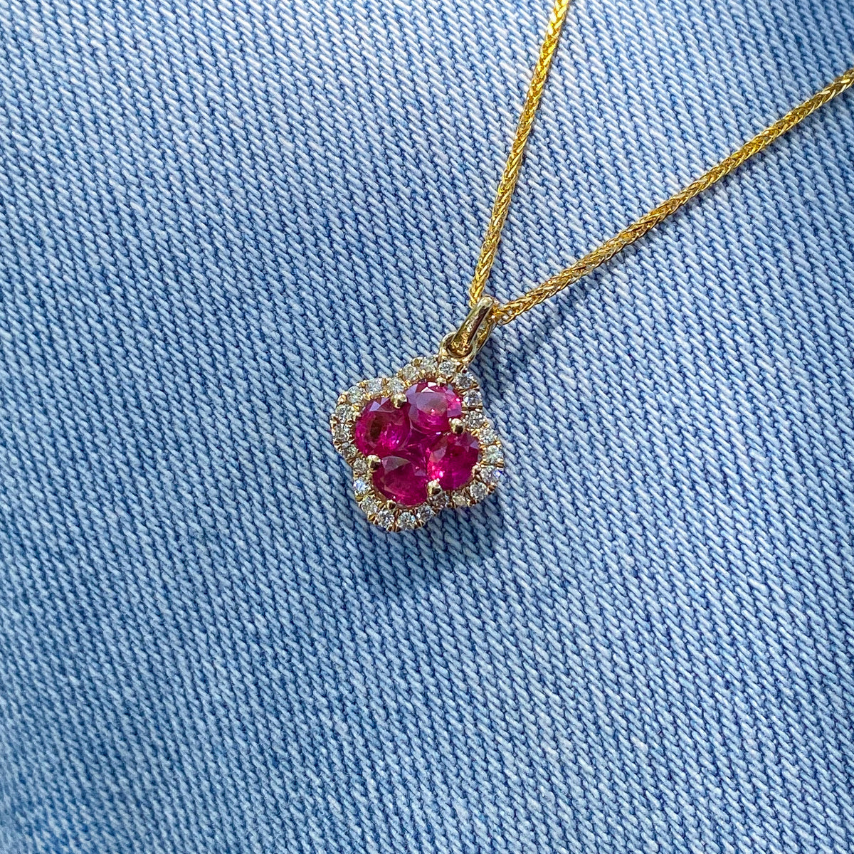 (SOLD - Contact us for custom order) Ruby & Diamond Clover Pendant in Yellow Gold #400