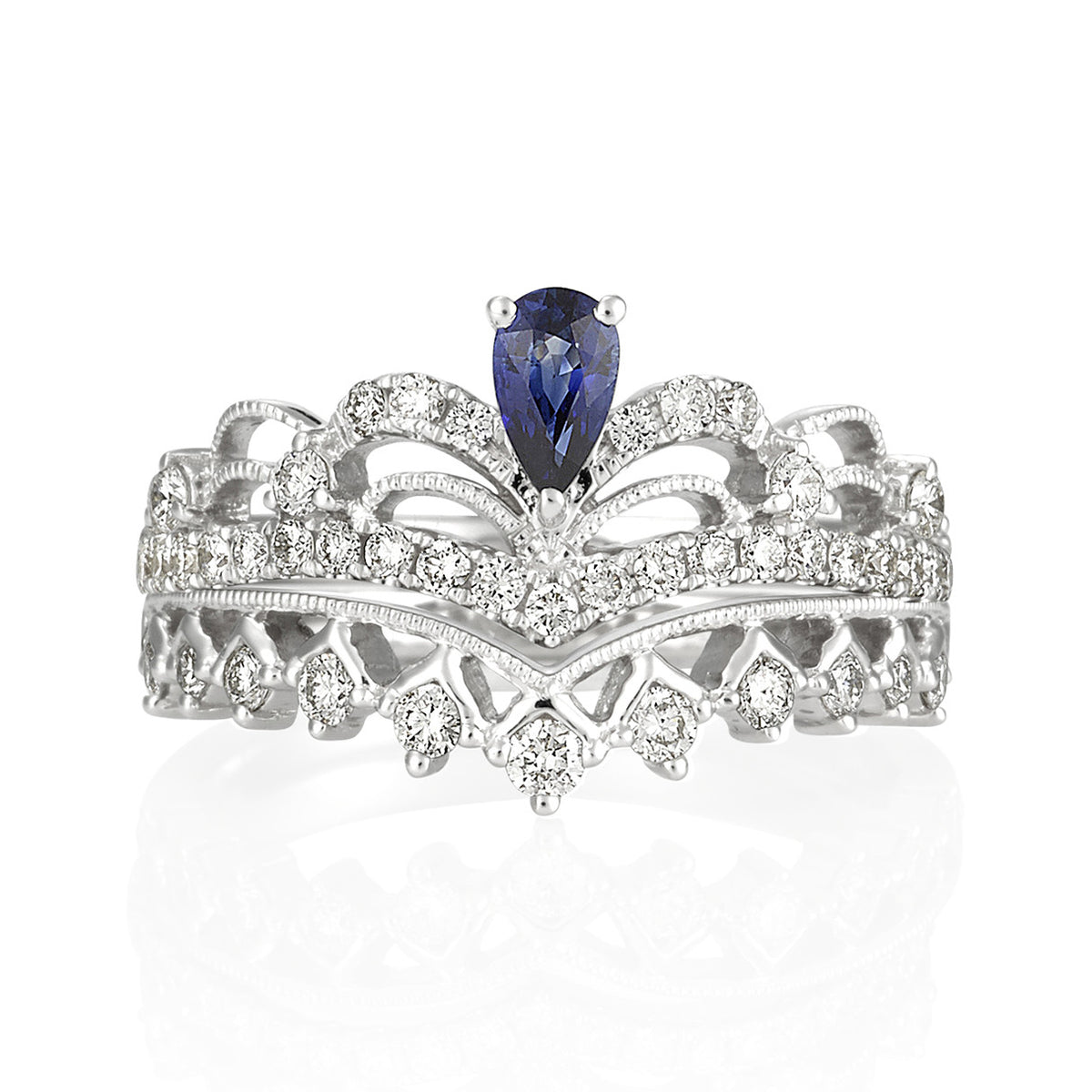(SOLD) 18KW Blue Sapphire Crown Diamond Ring #196/7