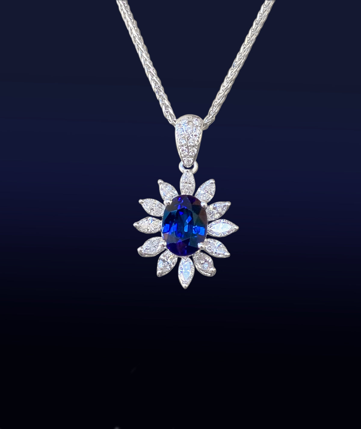 Oval Sapphire with Diamonds Pendant in 18K White Gold #195