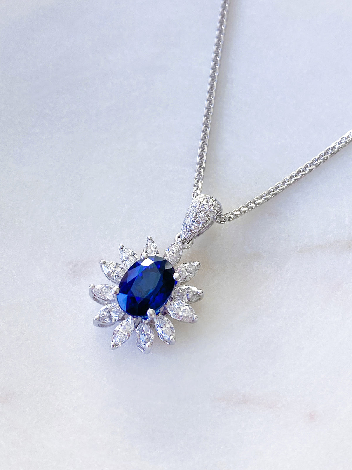 Oval Sapphire with Diamonds Pendant in 18K White Gold #195