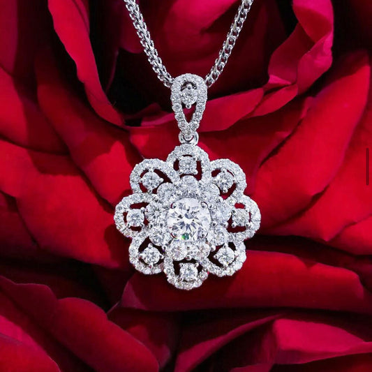 GIA Center Diamond Flower Pendant in 18K White Gold #375